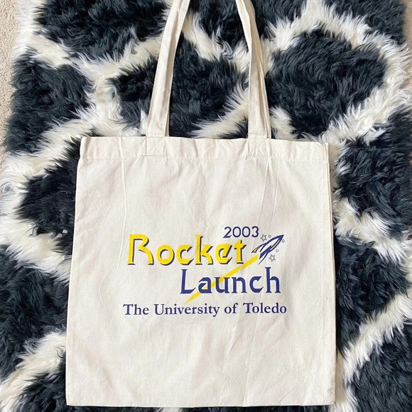 Vintage Handbags - Vintage University of Toledo Ohio 2003 Beige Rocket Launch Canvas Tote Bag
